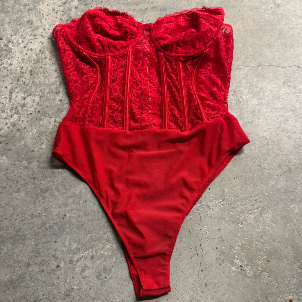 Hera Collection Women's Red Lace Sweetheart Corset Bodysuit Sz S Party‎ Sexy